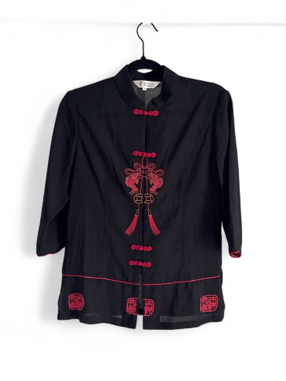 90s Vintage Black & Red Asian Inspired Blouse with Embroidery and Buttons Size M